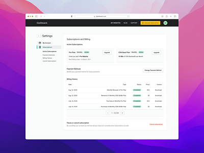 Subscription and Billing page account settings billing dashboard payment plans pricing settings subscription ui ux webapp