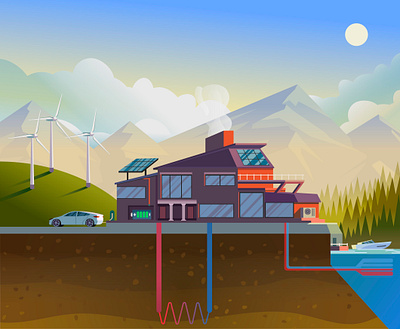 Eco friendly house biomass eco forest friendly ground source house illustration landscape mountains solar wind