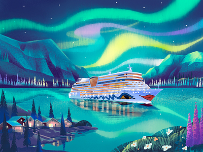 AIDA Inspiration Magazine Illustration cruise cruise ship design design studio digital art digital illustration graphic design illustration illustration art illustrator landscape magazine illustration nature night scenery ship travel traveling voyage web illustration