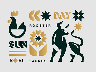 SUNDAY beef branding design farm icon identity illustration leaf logo marks rooster symbol taurus ui vector