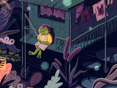 Little froggy fisherman digital art fish fishing frog illustration kidlit nature plants procreate river