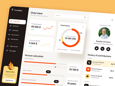 Dashboard for Insurance for retirees App app application dashboard design flat graphic design illustration insurance interface money pension ui uiux ux