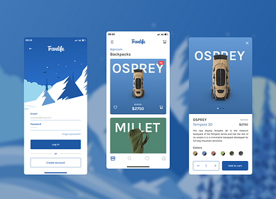 Travelife alpinism app app design blue camping fun graphic design log in mobile mountain product detail shop store ui ux