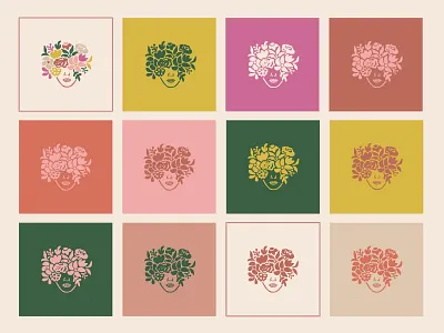 Floral shop brand icons and colours brand identity branding colours feminine floral flower green head icon iconography illustration logo luxury mark pink plant shop submark vector woman