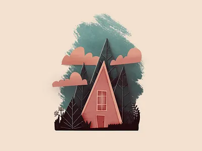 Cabin in the woods forest illustration papercut procreate texture
