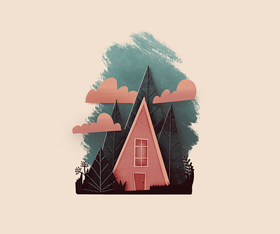 Cabin in the woods forest illustration papercut procreate texture