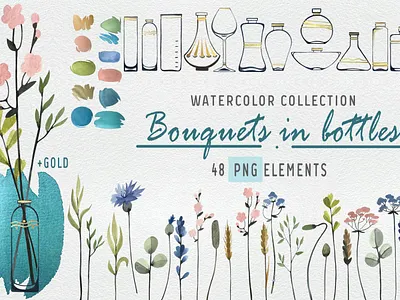 Watercolor kit bouquets in bottles spots