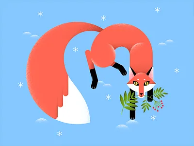 Winter Fox animal berries branch cold color design digital flat forest fox illustration snowflakes vector wild winter