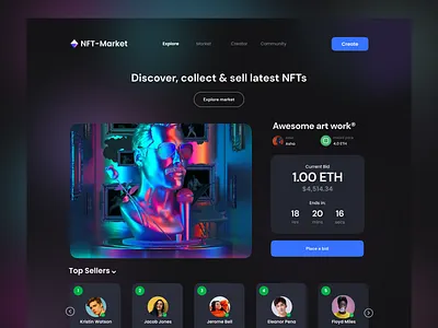 NFT Market Landing Page Design 3d 3d design 3d illustration art branding crypto art crypto currency landing page designer madhu mia nft nft art nft designer nft homepage nft landing page nft marketplace token ui web design wed designer