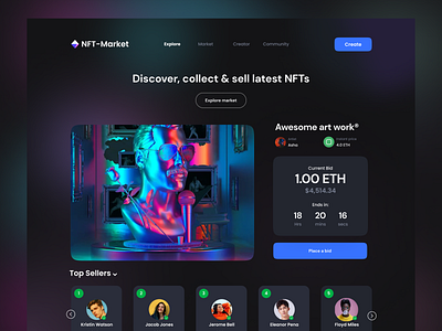 NFT Market Landing Page Design 3d 3d design 3d illustration art branding crypto art crypto currency landing page designer madhu mia nft nft art nft designer nft homepage nft landing page nft marketplace token ui web design wed designer