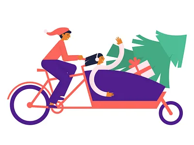Christmas cargo bicycle cargo characters christmas christmas tree design flat fun gifts happy holiday illustration party preparation vector
