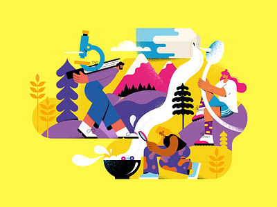 Landing page illustration @Nature's Grain #2 bright characterdesign flat flatillustration granola graphicdesign illustration landing magic milk minimal mountain travel ui yellow