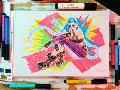 Jinx from Arcane series fanart drawing with brush pens arcane arcane fanart art artwork brush pen character art character drawing character illustration drawing fanart game art girl portrait illustration jinx jinx fanart portrait portrait art portrait drawing portrait illustration traditional art