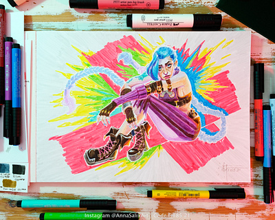 Jinx from Arcane series fanart drawing with brush pens arcane arcane fanart art artwork brush pen character art character drawing character illustration drawing fanart game art girl portrait illustration jinx jinx fanart portrait portrait art portrait drawing portrait illustration traditional art