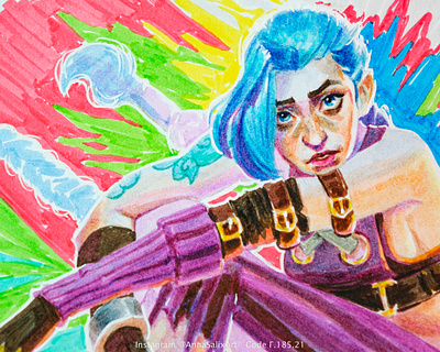 Jinx from Arcane series fanart drawing with brush pens arcane arcane fanart art artwork brush pens art character art character drawing character illustration drawing fan art fanart game design game illustration girl illustration girl portrait illustration jinx jinx fanart portrait drawing traditional art