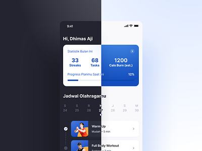 Workout Routine App - Dark and Light Mode branding coach design fitness habit habit app home illustration logo minimal mobile app routine running tracker typography ui uiux ux workout workout app