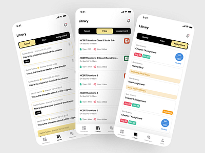 Education app - Library UI app design app ui assignment clean course education elearning files ios app learning lesson app library minimal mobile app online course online study screen study ui ui ux