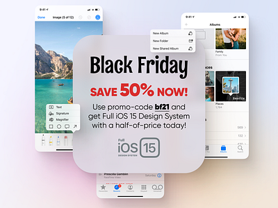 Black Friday 50% Sale for Full iOS 15 Design System for Figma black button dark design discount friday icon interface ios ios15 iphone light mobile system ui ux