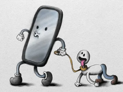 Phone and pet cartoon character design characters funny humor humour illustration life man modern phone quirky rubber hose rubberhose technology walking