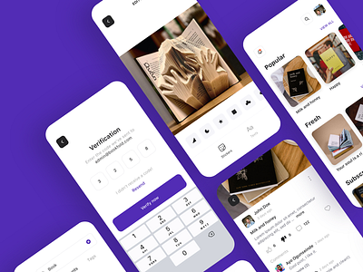 Bookfold App Design app design application bookfold books clean comments confirmation design feed graphic ios minimalist modern popular posts purple stickers ui unway ux verification