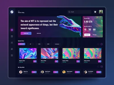 NFT Marketplace Dashboard Ui Design. art bitcoin clean crypto cryptocurrency darkmode dashboard design marketplace nft dashboard nft design nft product nfts ui ui design ux web website