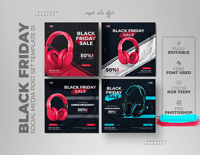 Black Friday Sale Social Media Or Instagram Post Set Template background black friday branding design discount free graphic design headphone headphone sale instagram offer post sale sale post social media template trend ui ux white