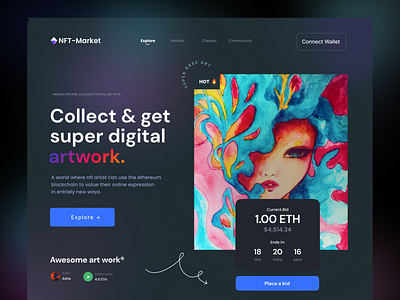 NFT Market Landing Page Design app app designer bitcoin crypto art crypto website dark landing page madhu mia nft nft artist nft market nft website nftart nfts product designer token ui uiux web design website designer