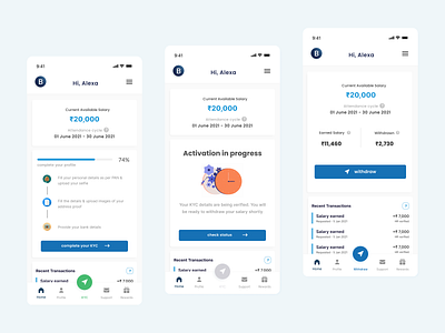 KYC Status - Home Screen app b2b b2c daily salary app earned wage access ewa finance fintech fintech app home home screens kyc kyc home screen kyc status loan app product design ui