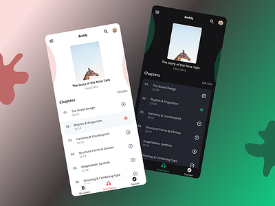 Audiobook App - Bookify app application audio audiobook audiobooks darkmode darktheme design green mobile music music player podcast podcasts red shiftnudge theme ui ux whitetheme