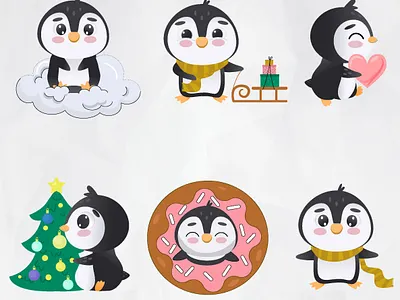 Winter penguin set adobe illustrator brand illustrations branding character design children design design freelance project graphic design icon set illustration illustration set job opening nft nft collection nft design print t shirt design vector website winter set