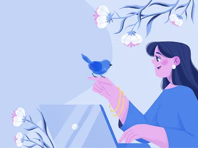 Bird bird characterdesign computer flowers girl illustration woman work workflow working process