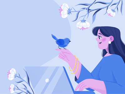 Bird bird characterdesign computer flowers girl illustration woman work workflow working process