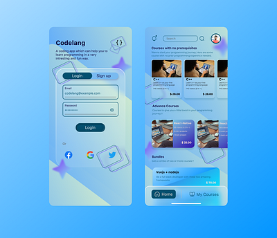 Codelang App UI app design app ui coding app education app figma glassmorphism modern app modern ui programming app trending ui ui ui design uiux uiux design