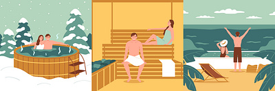 Bathing in thermal waters bathing flat illustration people thermal vector waters