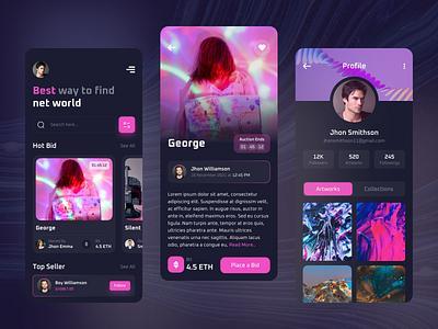 NFT Marketplace - Mobile App art auction app bitcoin clean crypto dark mode interface ios marketplace minimal navigation nft marketplace nft ui profile uiux