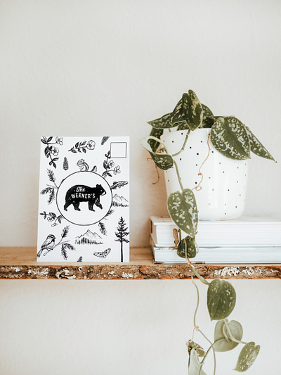 Black & White in the Woods Custom Stationery animals bear illustration bird drawing black and white colorado illustrations hiking art ink nature oregon artist pine cones portland illustrator postcard salmon illustration stationery art surface design wildlife art