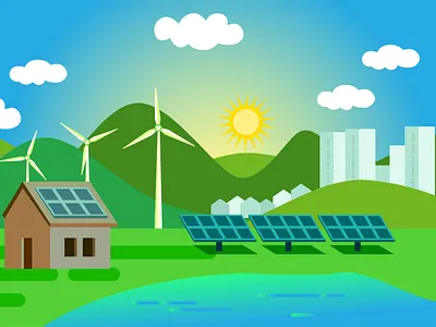 Concept of the eco-city with solar panels and wind turbines energy concept graphic design green city illustration renewable energy solar energy solar panels solar power wind turbines