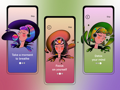 Mindfulness Concept App 2d illustration activity app design app illustration character design flat illustration flatdesign girl character girl portrait headphones meditation mental health mobile app mobile app design onboarding onboarding screens onboarding ui procreate self care ui illustration
