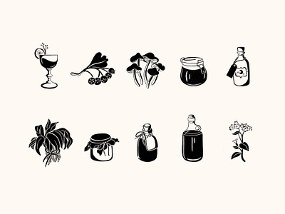 Forage Box blackandwhite branding brushpen cocktails design edibleflowers ferments forage foragedfood foragedmushrooms foraging hawthornberries icons illustration lineart minimaldesign minimalillustration pantry procreate wildgarlic