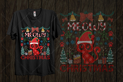 Meowy Christmas T-Shirt Design cat cat lover cat t shirt christmas christmas lover christmas tshirt creative custom custom t shirt eye catching graphic design meowy specialist tamplate typography vector