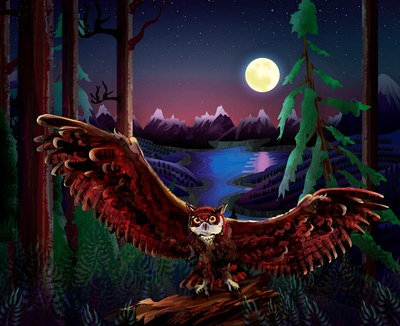 An Owl at Dawn beautiful design forest glowing illustration illustrator moon mountains nature owl stars