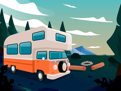 Campervan illustration art campervan characters design flat flat illustration forest graphic design holiday illustration logo mountain view wanderlust