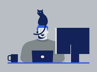 WFH cat coffee home illustration laptop man monitor remote wfh working