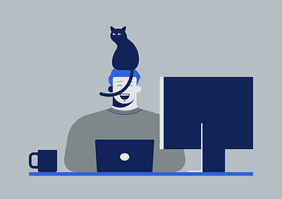 WFH cat coffee home illustration laptop man monitor remote wfh working