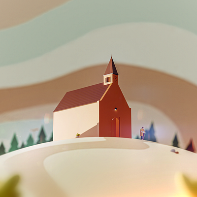 Lost in yesterday blender blender3d church illustrations minimal modeling mountain perspective retro sky trees