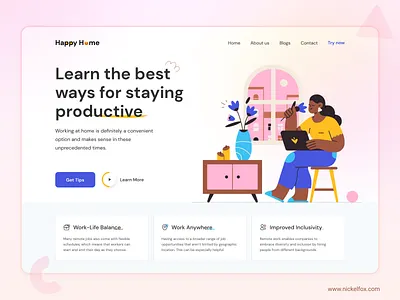 Happy Home (WFH) - Landing Page Design about us app cards clean daily ui dashboard font freebie hero section illustration inspiration landing page minimalistic tips ui design web design website design wfh work from home working from home