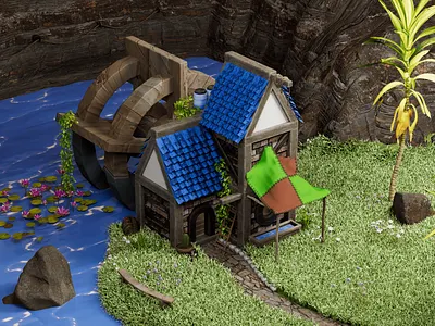 Little Water Mill 3d 3d art cinema 4d environment game game design grass house modular quixel redshift water water mill