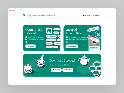 Steeped Website - CTA Cards app call to action card green hero homepage landing page product social startup steeped tea type typography web webdesign website