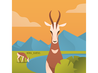 Gazelles adobe illustrator animal antelope art blue design endangered gazelle green illustration mountains nature rare river vector