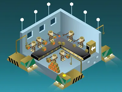 Low grade assembly line robots assembly delivery design illustration illustrator isometric isometric robots postal sci fi